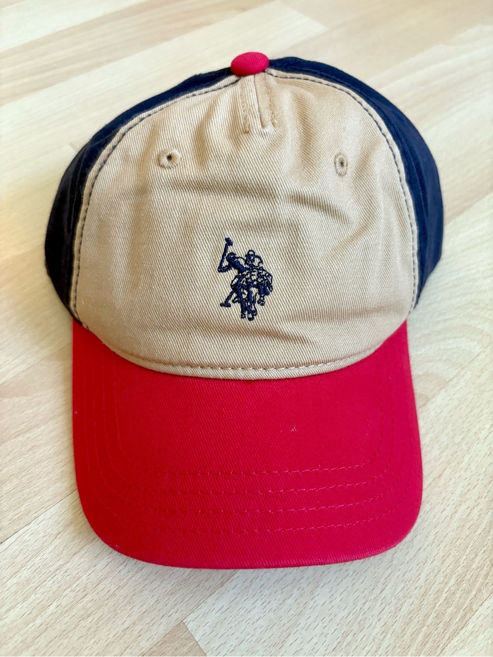 U.S. Polo Association Kids Baseball Cap Tan Red & Blue | One Size Adjustable NEW